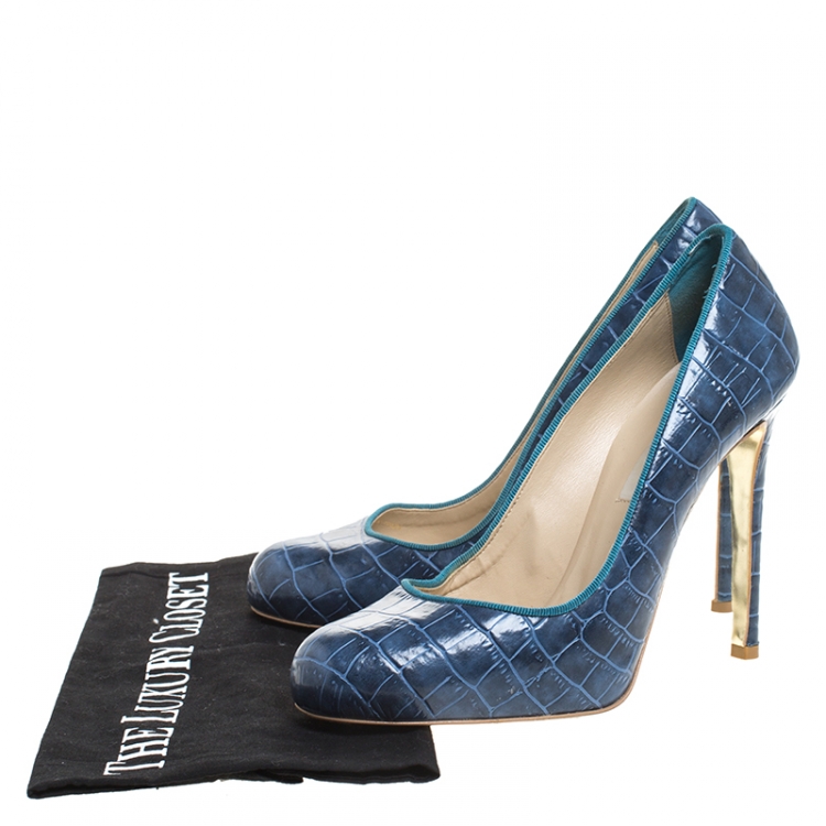 Pre Owned Stella McCartney Blue Croc Embossed Faux Leather Pumps Size 38