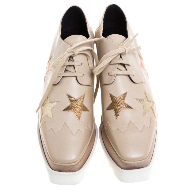 Pre Owned Stella McCartney Beige Faux Leather Elyse Star Platform Lace Up Derby Size 40