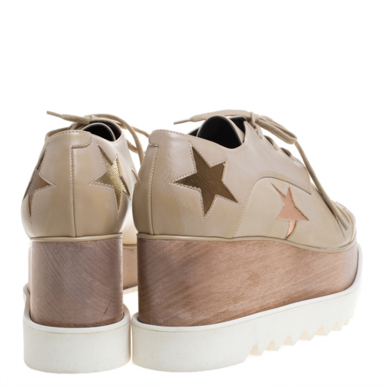 Pre Owned Stella McCartney Beige Faux Leather Elyse Star Platform Lace Up Derby Size 40