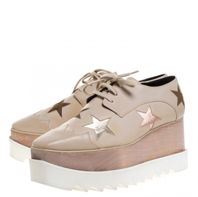 Pre Owned Stella McCartney Beige Faux Leather Elyse Star Platform Lace Up Derby Size 40