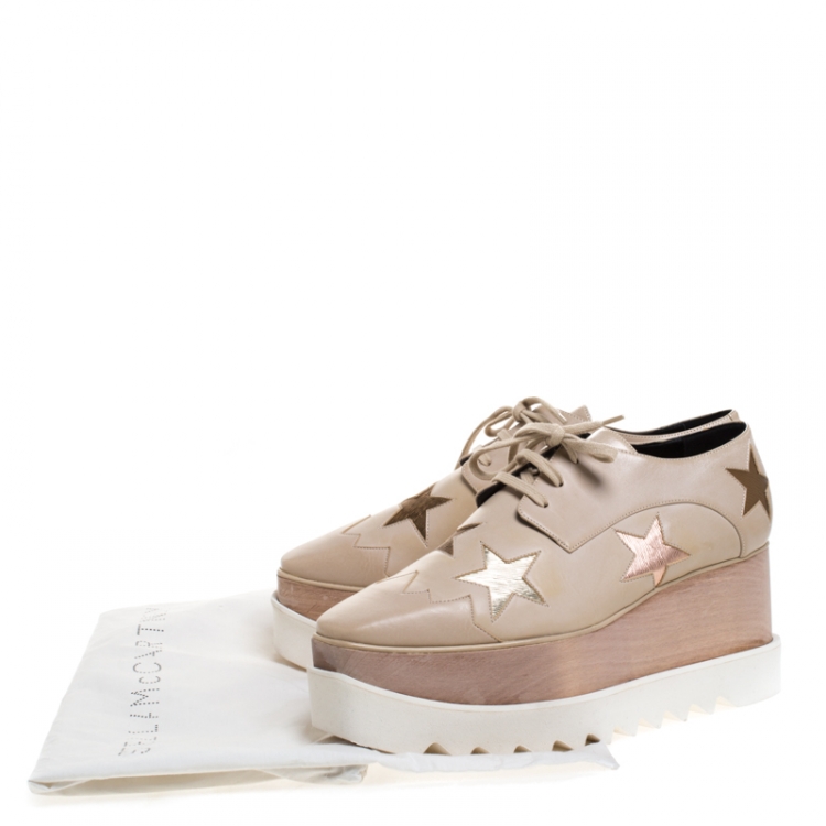 Pre Owned Stella McCartney Beige Faux Leather Elyse Star Platform Lace Up Derby Size 40