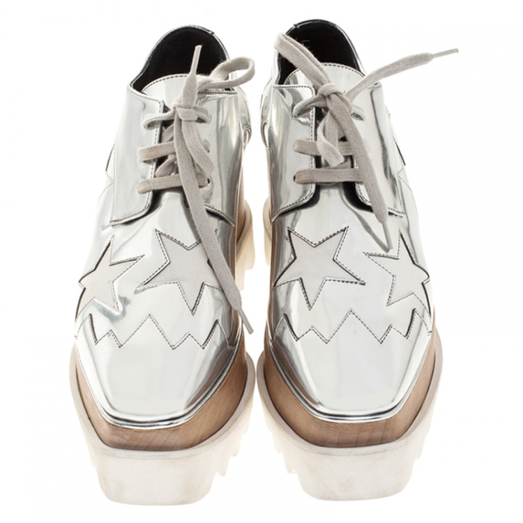 مملوكة مسبقًا Stella McCartney Metallic Silver Faux Leather Elyse Star Platform Derby Size 40