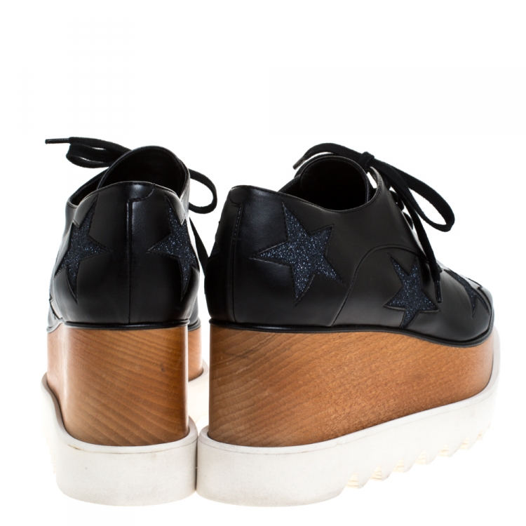 Pre Owned Stella McCartney Black Faux Leather And Glitter Fabric Elyse Star Platform Lace Up Booties Size 38