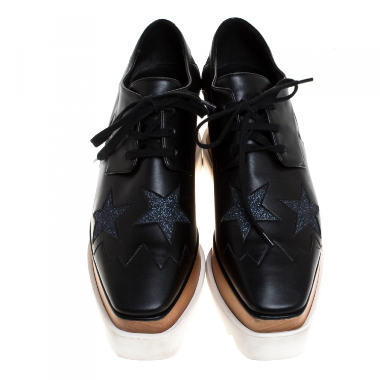 Pre Owned Stella McCartney Black Faux Leather And Glitter Fabric Elyse Star Platform Lace Up Booties Size 38