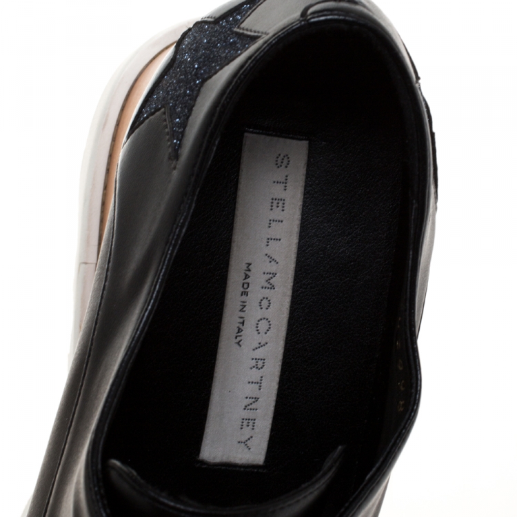 Pre Owned Stella McCartney Black Faux Leather And Glitter Fabric Elyse Star Platform Lace Up Booties Size 38