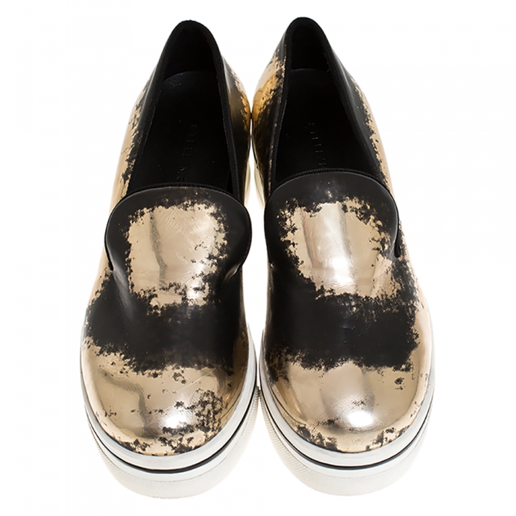 مملوكة مسبقًا Stella McCartney Bronze/Black Leather Binx Platform Slip On Sneakers Size 38