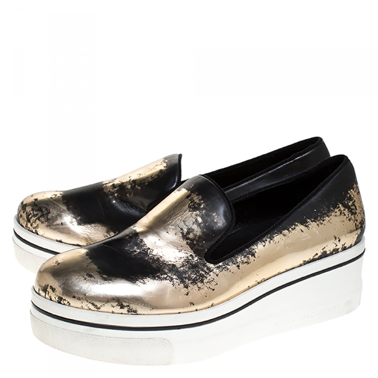 مملوكة مسبقًا Stella McCartney Bronze/Black Leather Binx Platform Slip On Sneakers Size 38