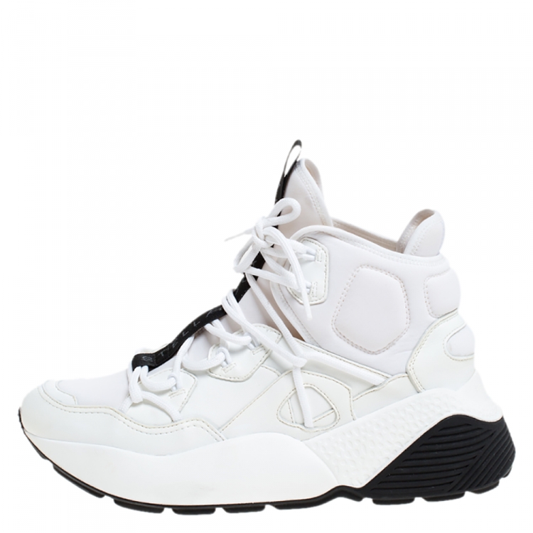 Pre Owned Stella McCartney White/Black Neoprene and Faux Leather Eclypse High Top Chunky Sneakers Size 39