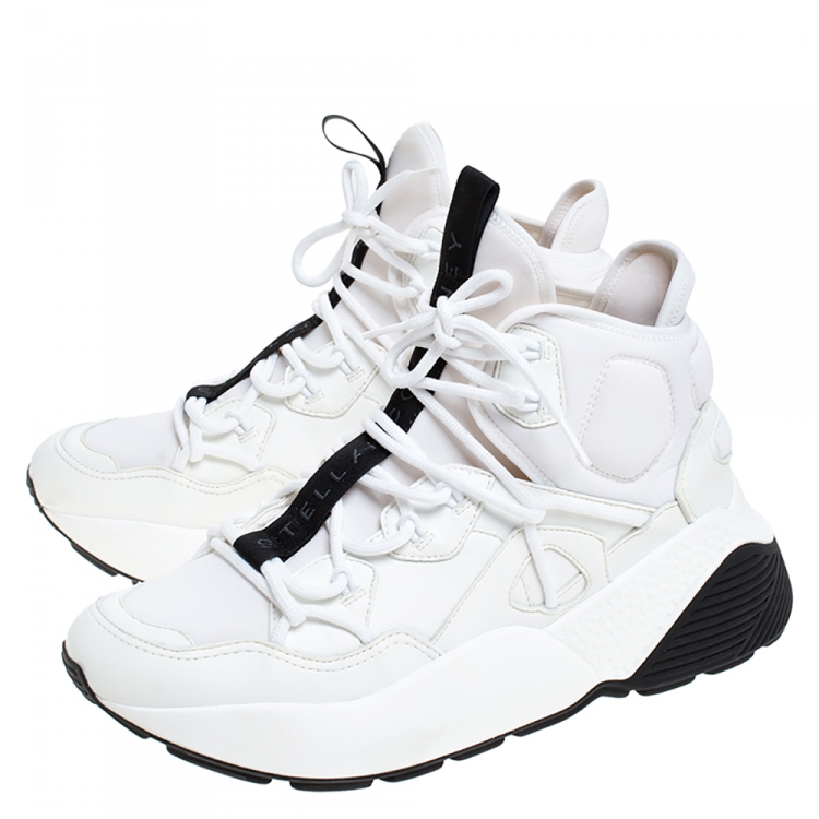 Pre Owned Stella McCartney White/Black Neoprene and Faux Leather Eclypse High Top Chunky Sneakers Size 39