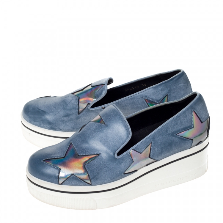Pre Owned Stella McCartney Blue Faux Leather Binx Star Slip-On Platform Sneakers Size 36