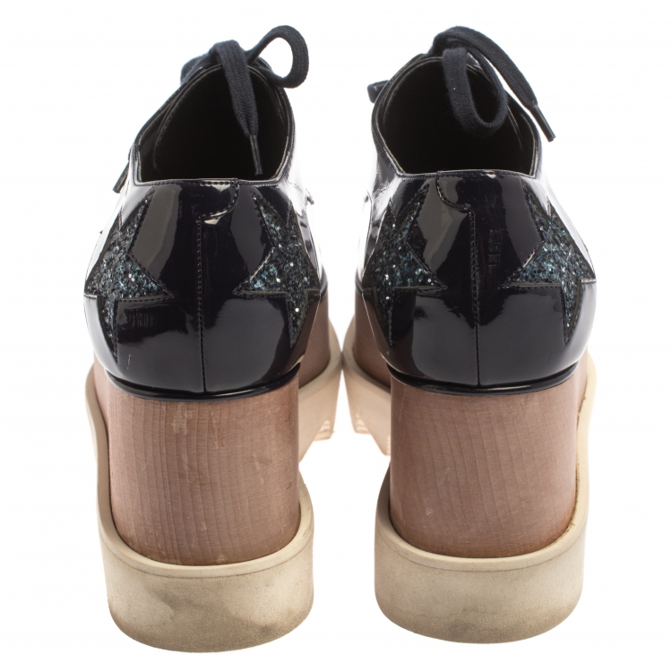 Pre Owned Stella McCartney Blue Faux Patent Leather And Glitter Elyse Star Platform Derby Sneakers Size 37