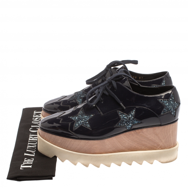 Pre Owned Stella McCartney Blue Faux Patent Leather And Glitter Elyse Star Platform Derby Sneakers Size 37