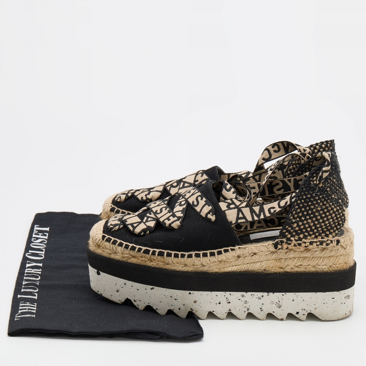 Pre Owned Stella McCartney Black/Beige Canvas and Jute Gaia Platform Espadrille Flats Size 37