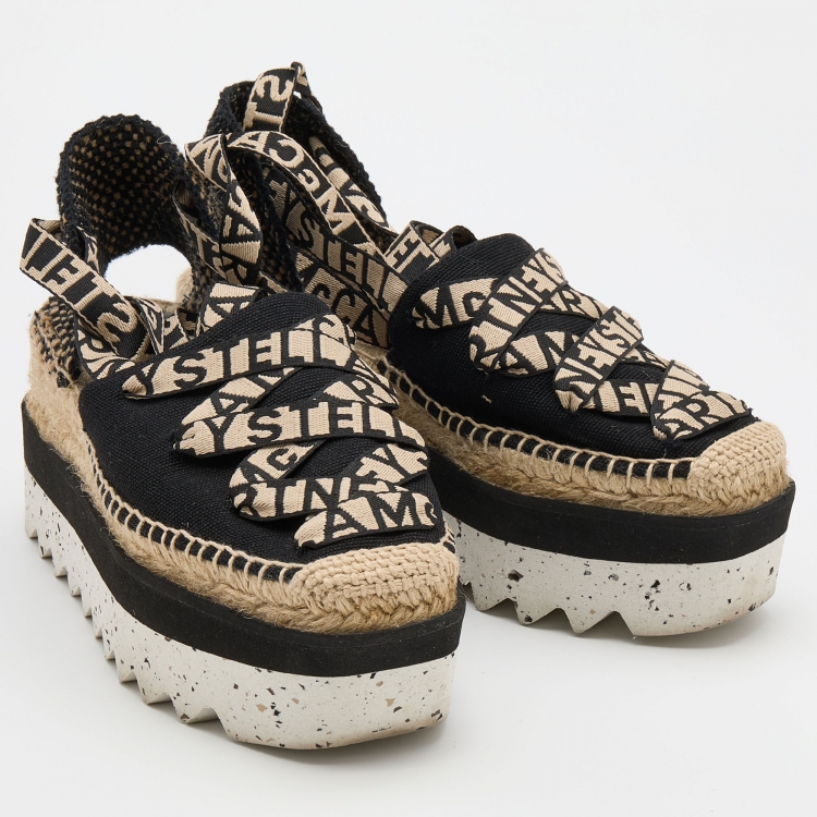Pre Owned Stella McCartney Black/Beige Canvas and Jute Gaia Platform Espadrille Flats Size 37