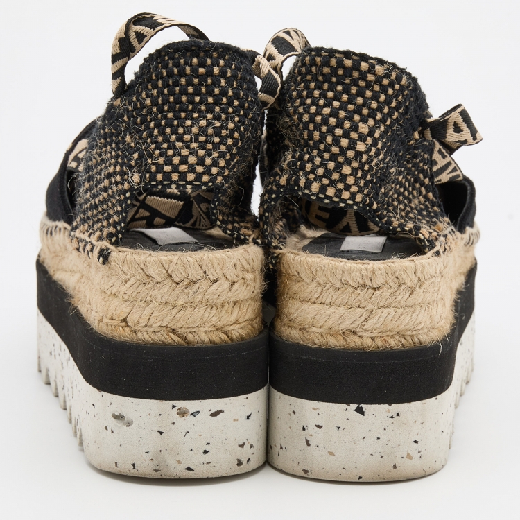 Pre Owned Stella McCartney Black/Beige Canvas and Jute Gaia Platform Espadrille Flats Size 37