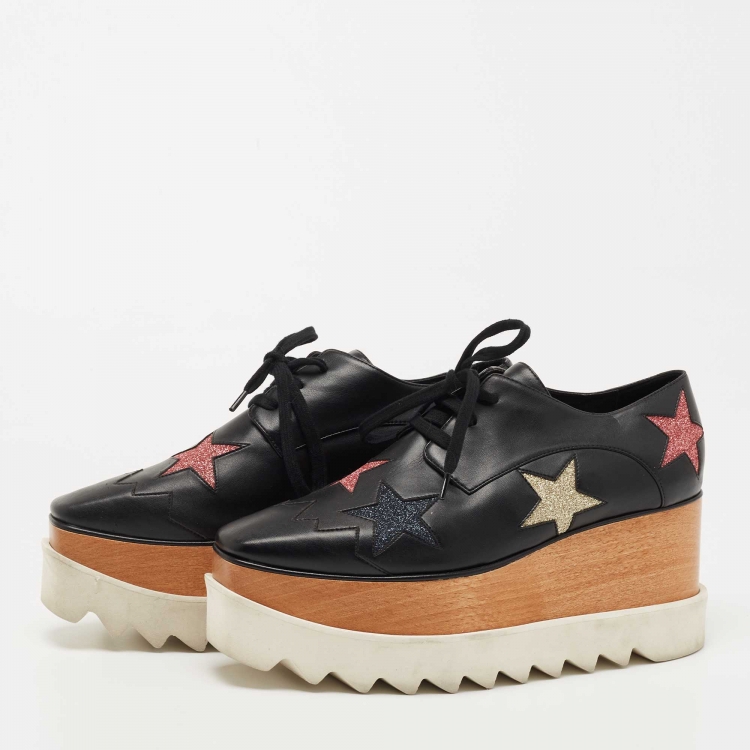Pre Owned Stella McCartney Black Faux Leather Elyse Star Sneakers Size 36.5