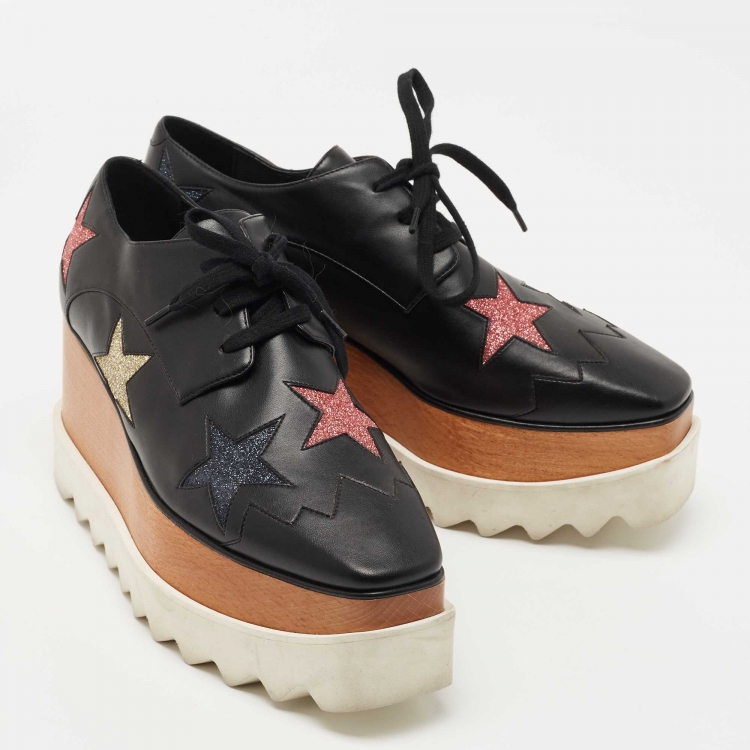 Pre Owned Stella McCartney Black Faux Leather Elyse Star Sneakers Size 36.5