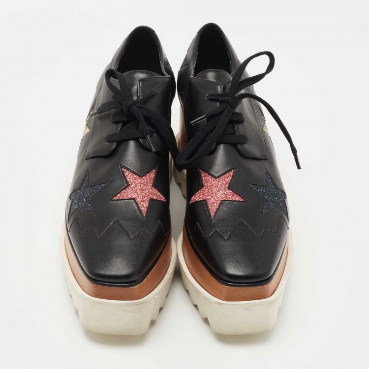 Pre Owned Stella McCartney Black Faux Leather Elyse Star Sneakers Size 36.5