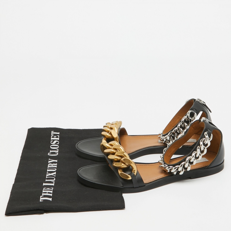 Pre Owned Stella McCartney Black Faux Leather Chain Link Ankle Strap Flat Sandals Size 38
