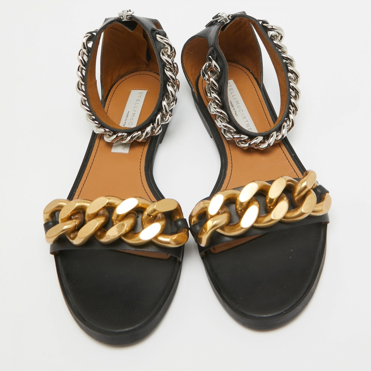 Pre Owned Stella McCartney Black Faux Leather Chain Link Ankle Strap Flat Sandals Size 38