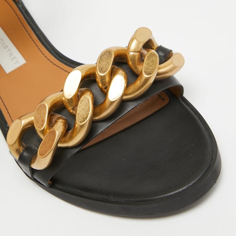Pre Owned Stella McCartney Black Faux Leather Chain Link Ankle Strap Flat Sandals Size 38