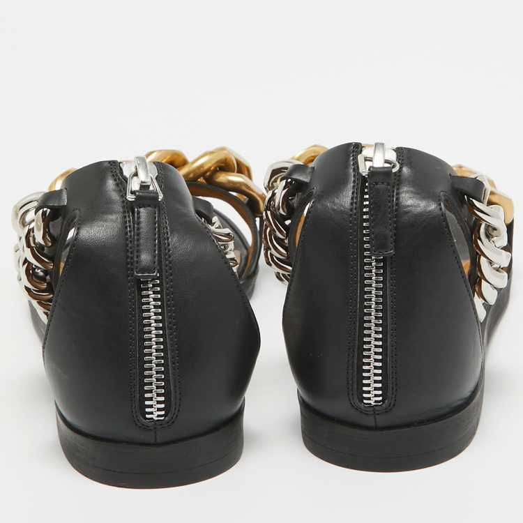 Pre Owned Stella McCartney Black Faux Leather Chain Link Ankle Strap Flat Sandals Size 38