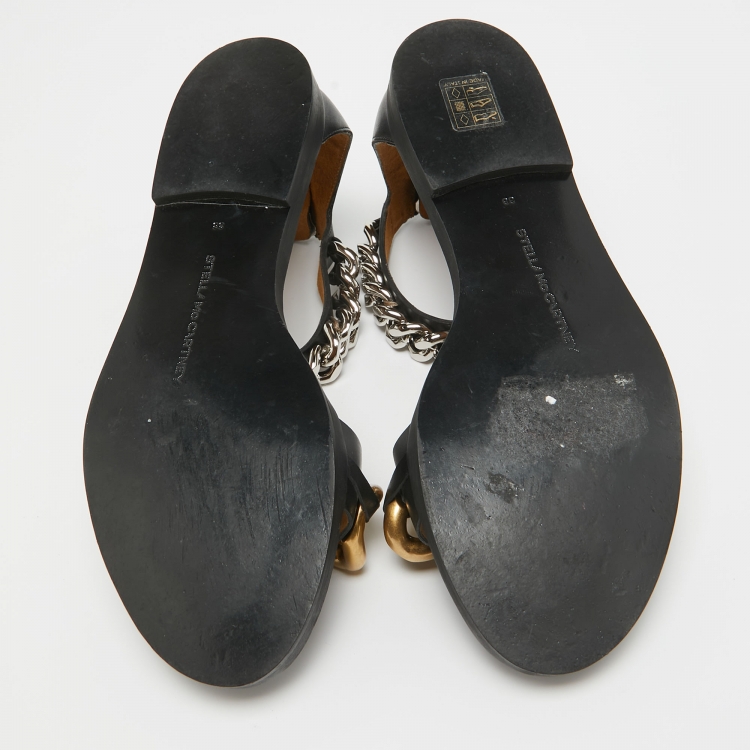 Pre Owned Stella McCartney Black Faux Leather Chain Link Ankle Strap Flat Sandals Size 38