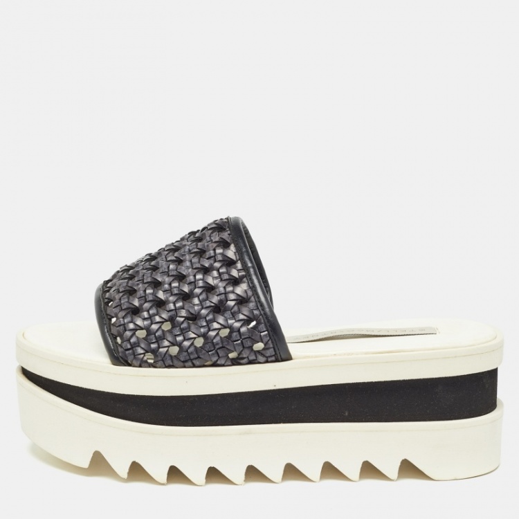 Pre Owned Stella McCartney Black Faux Woven Leather Wicker Platform Slides Sandals Size 36