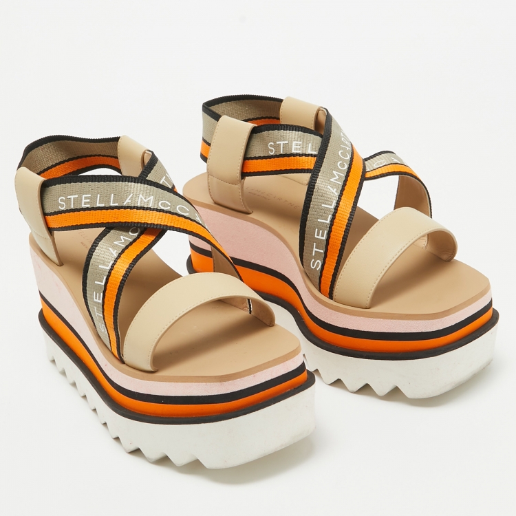 Pre Owned Stella McCartney Multicolor Faux Leather and Canvas Wedge Sandals 37