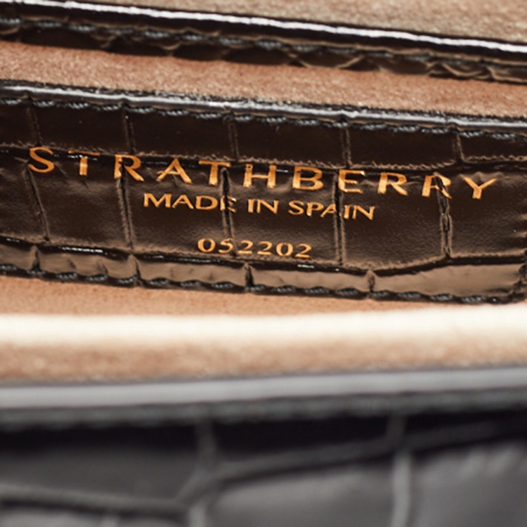 Pre Owned Strathberry Black Croc Embossed Leather Mini East/West Shoulder Bag