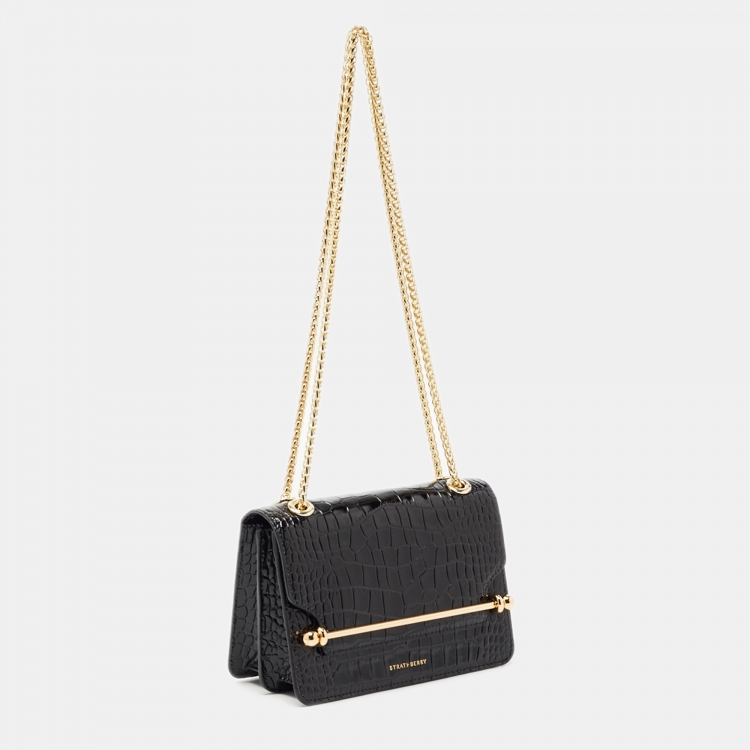Pre Owned Strathberry Black Croc Embossed Leather Mini East/West Shoulder Bag
