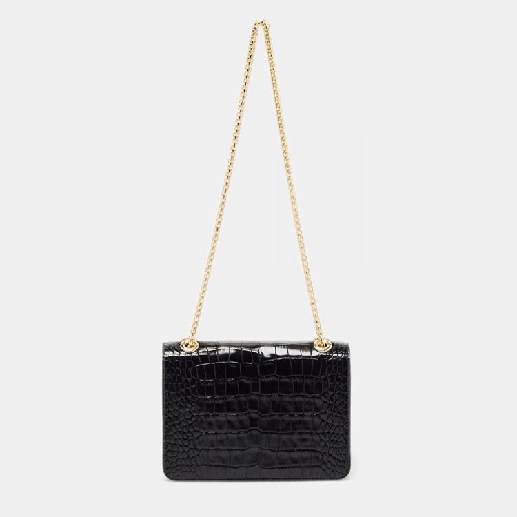 Pre Owned Strathberry Black Croc Embossed Leather Mini East/West Shoulder Bag