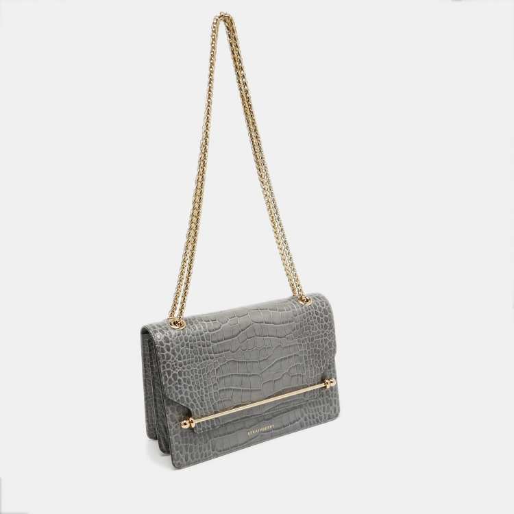 Pre Owned Strathberry Grey Croc Embossed Leather East/West Chain Bag