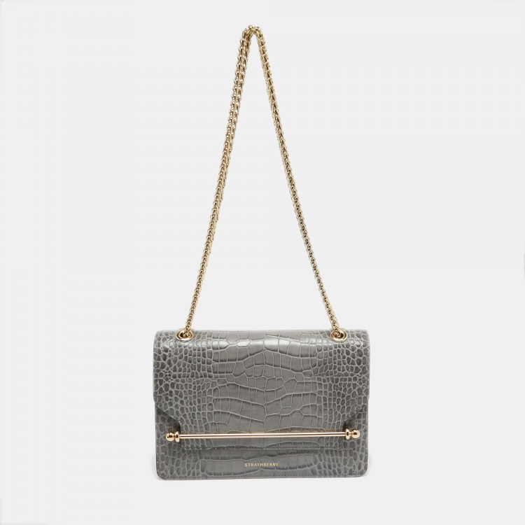 Pre Owned Strathberry Grey Croc Embossed Leather East/West Chain Bag