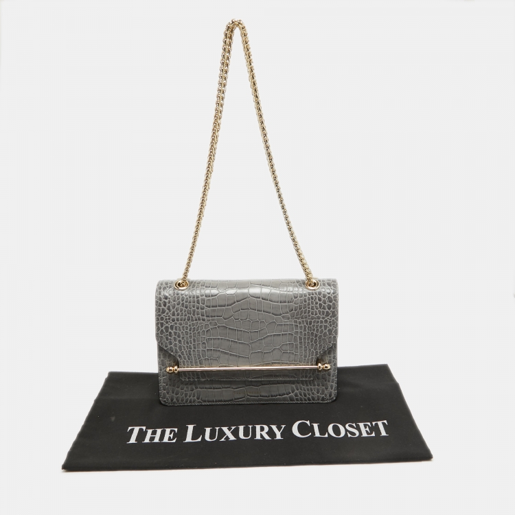 Pre Owned Strathberry Grey Croc Embossed Leather East/West Chain Bag