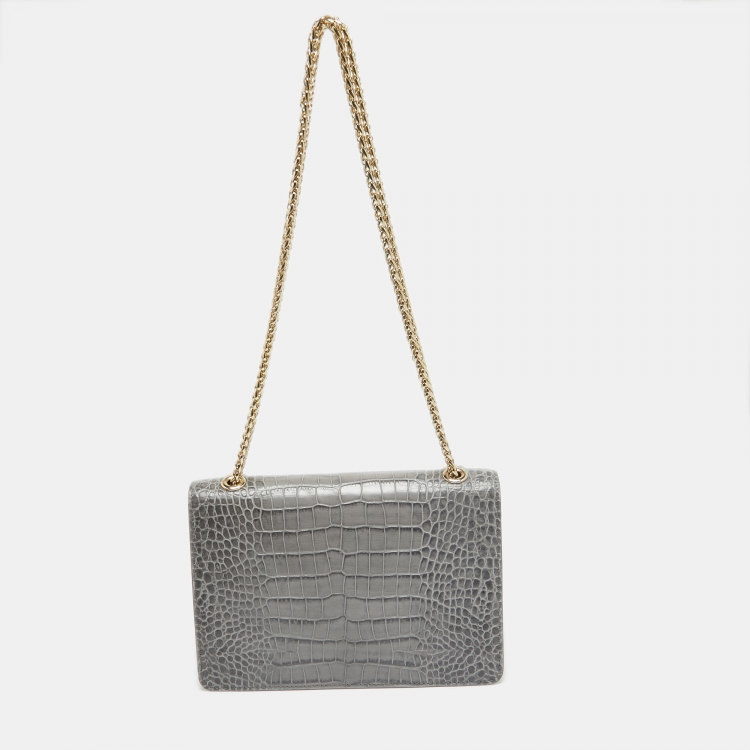 Pre Owned Strathberry Grey Croc Embossed Leather East/West Chain Bag