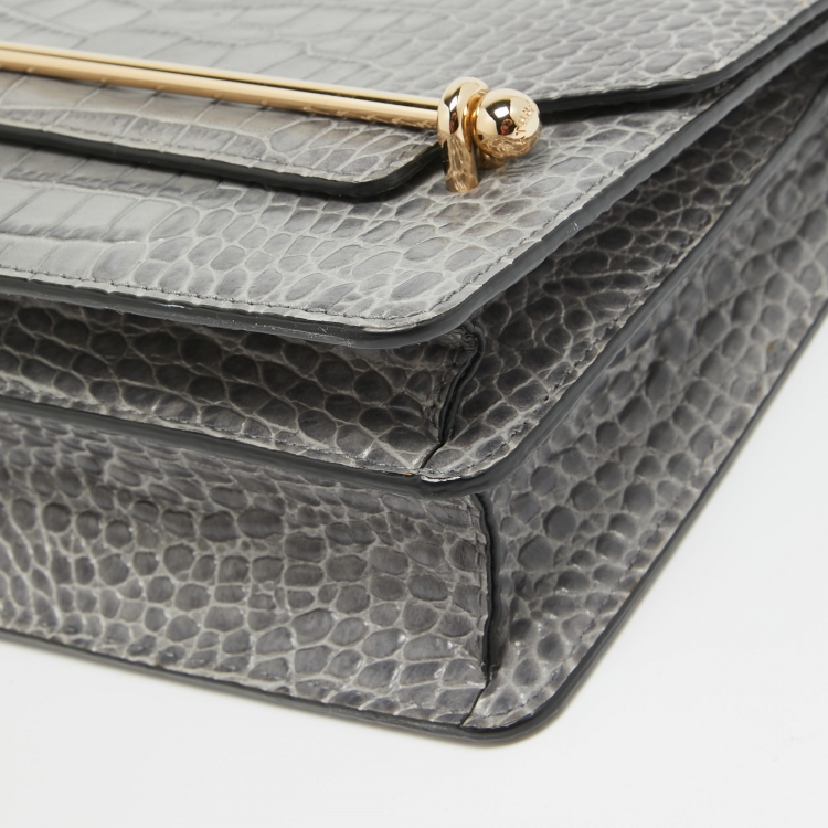 Pre Owned Strathberry Grey Croc Embossed Leather East/West Chain Bag