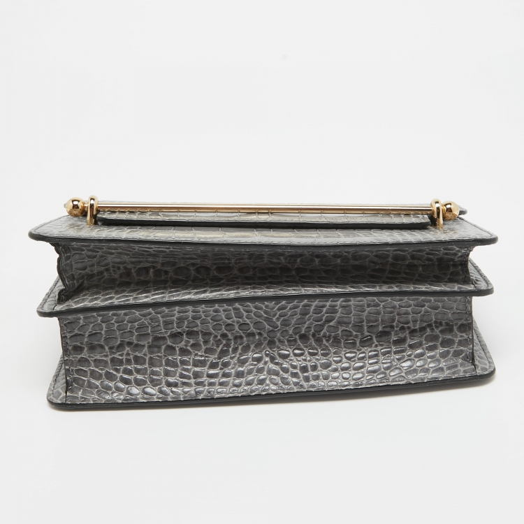 Pre Owned Strathberry Grey Croc Embossed Leather East/West Chain Bag