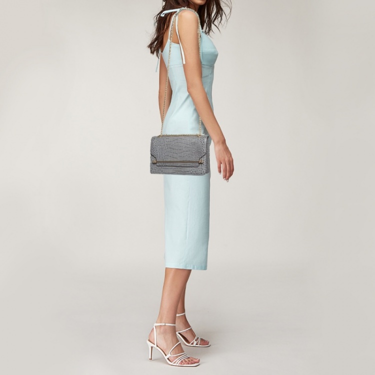 Pre Owned Strathberry Grey Croc Embossed Leather East/West Chain Bag