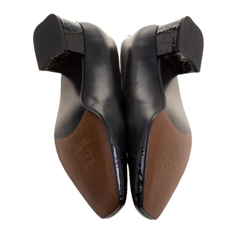 مملوكة مسبقًا Stuart Weitzman Black Leather with Embossed Croc Cap Toe Pumps Size 38