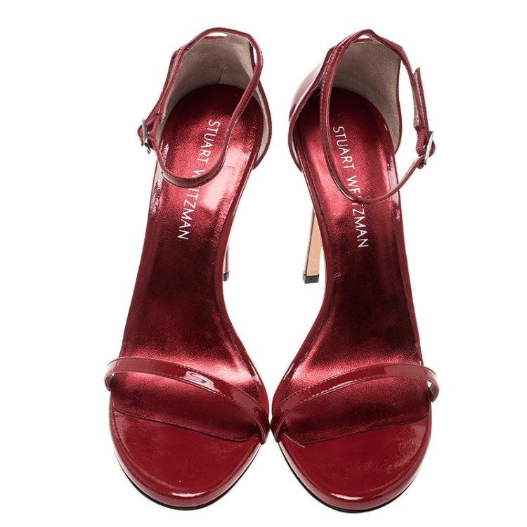 Pre Owned Stuart Weitzman Red Patent Leather Nudist Sandals Size 39.5