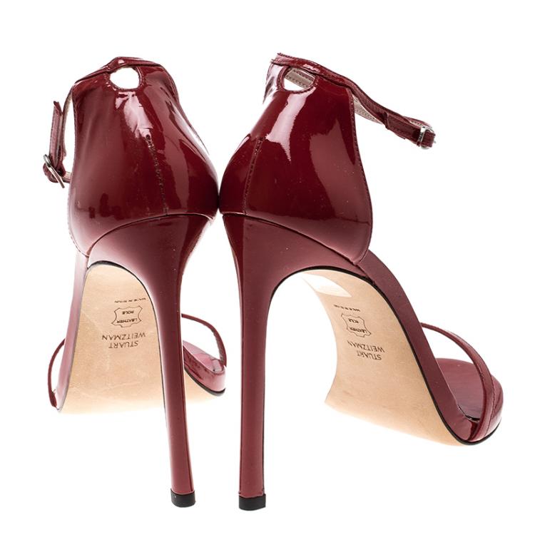 Pre Owned Stuart Weitzman Red Patent Leather Nudist Sandals Size 39.5