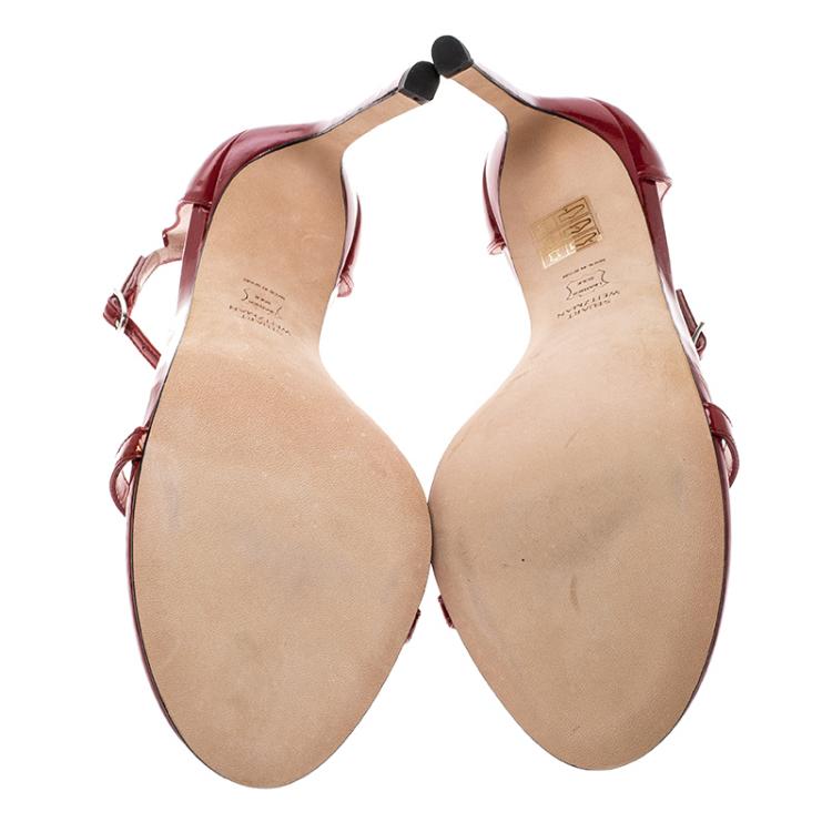 Pre Owned Stuart Weitzman Red Patent Leather Nudist Sandals Size 39.5