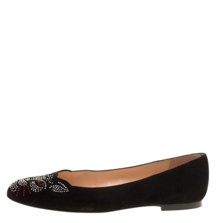 Pre Owned Stuart Weitzman Black Suede Crystal Embellished Kittycat Flats Size 40