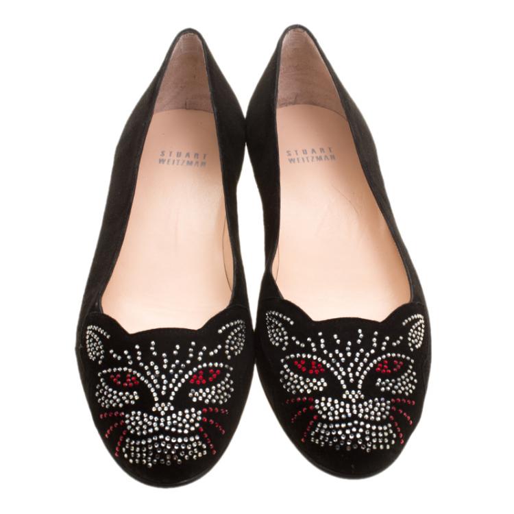 Pre Owned Stuart Weitzman Black Suede Crystal Embellished Kittycat Flats Size 40