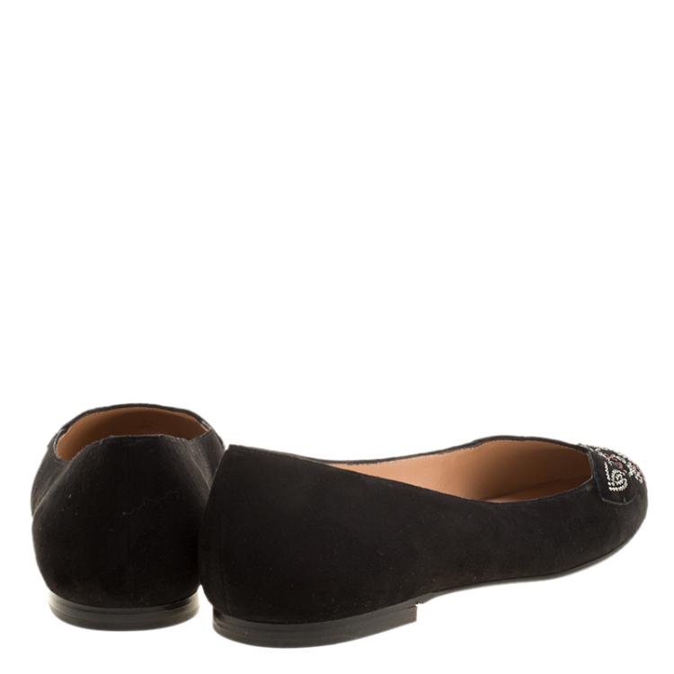 Pre Owned Stuart Weitzman Black Suede Crystal Embellished Kittycat Flats Size 40