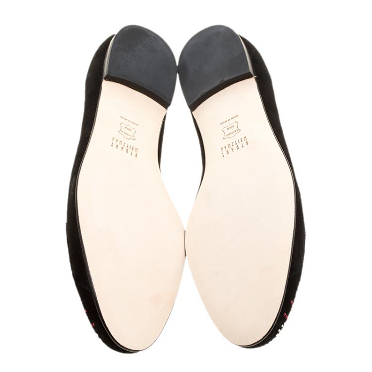 Pre Owned Stuart Weitzman Black Suede Crystal Embellished Kittycat Flats Size 40