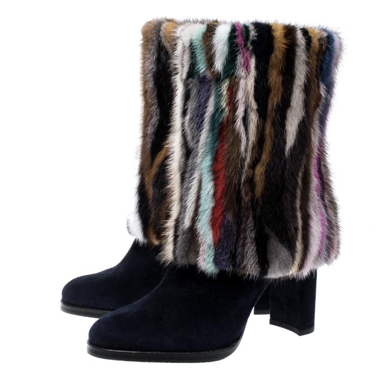 Pre Owned Stuart Weitzman Multicolor/Navy Blue Mink Fur/Faux Fur and Suede Boots Size 39.5