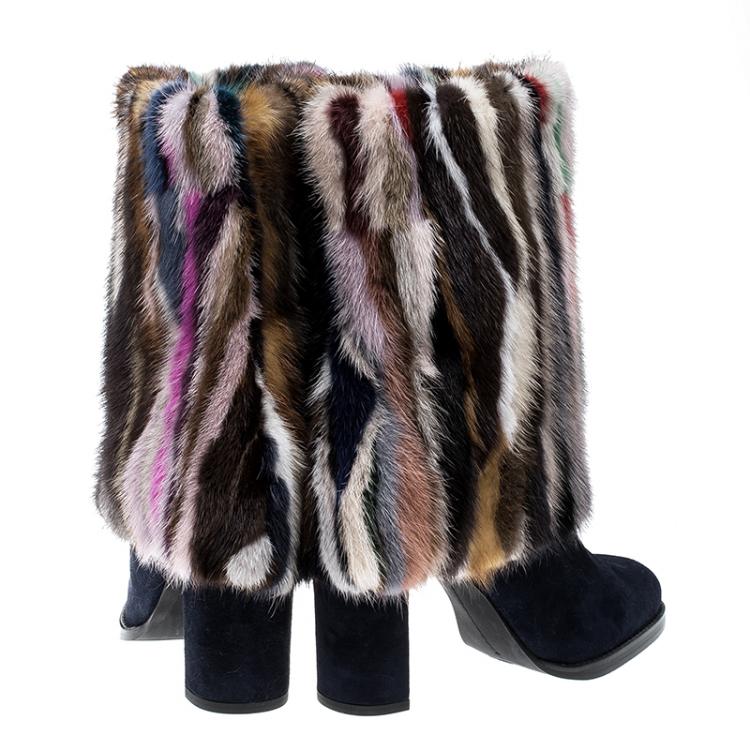 Pre Owned Stuart Weitzman Multicolor/Navy Blue Mink Fur/Faux Fur and Suede Boots Size 39.5