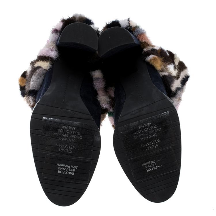 Pre Owned Stuart Weitzman Multicolor/Navy Blue Mink Fur/Faux Fur and Suede Boots Size 39.5